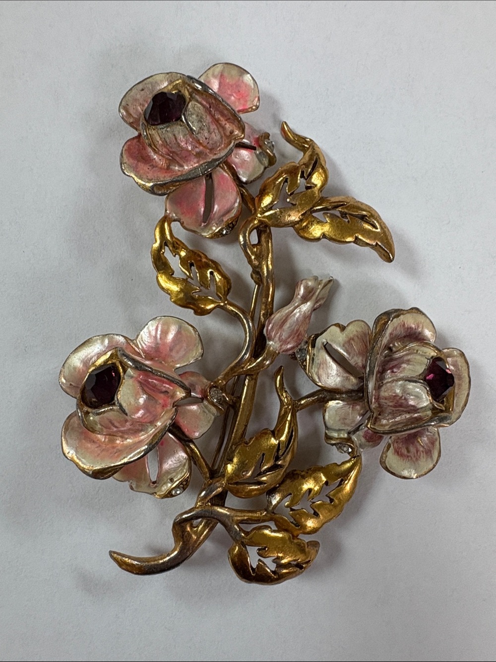 Pink Enamel Floral Brooch with Gold-Tone Leaves